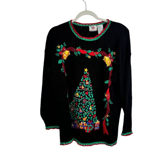 Nutcracker Black Christmas Tree Embroidered Sweater Holiday Party Womens Large - Picture 1 of 5